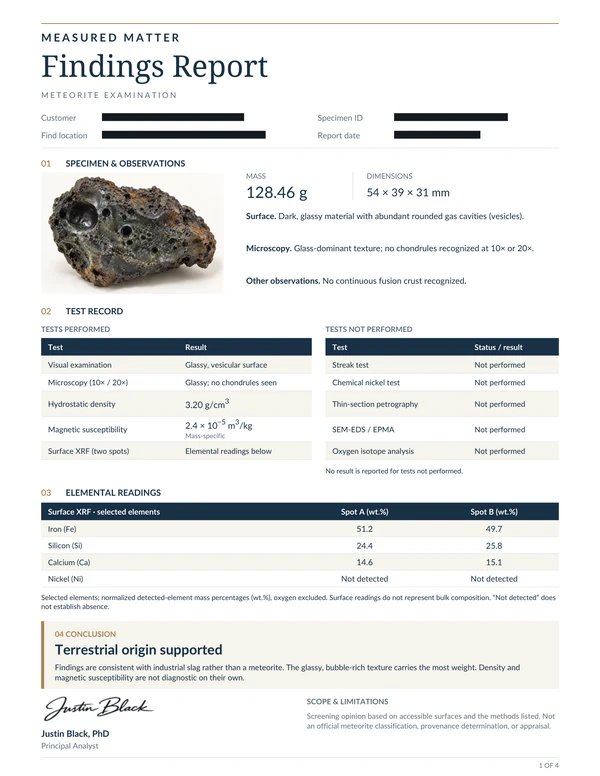 First page of a sample Measured Matter Findings Report