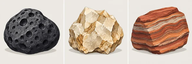 Three visually different rock specimens demonstrating that appearance alone cannot establish whether a specimen is meteoritic
